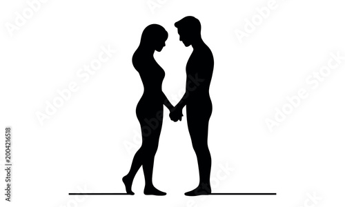 Silhouette of a young man and woman holding hands standing together Vector line art