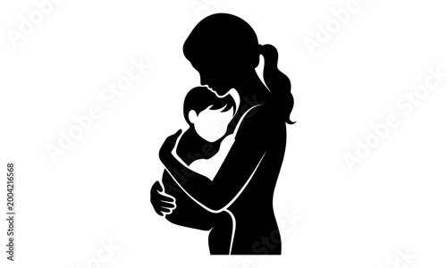 Silhouette of a mother holding her baby in her arms with love Vector line art