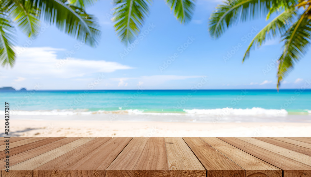 Fototapeta premium Tropical beach with palm leaves and wooden deck overlooking turquoise sea.