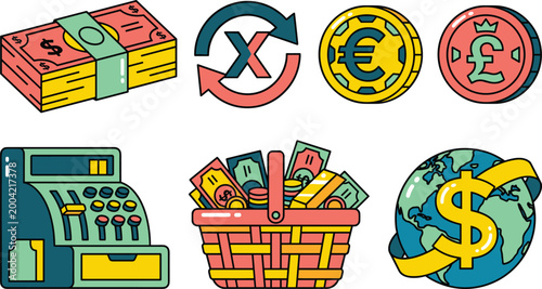 Currency Exchange and Financial Vector Set with Cash, Exchange Arrows, Coins, Cash Register, Basket, and Global Money Symbols for Finance, Economy, and Trading Designs