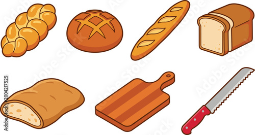 Bread Collection Vector Set with Loaf, Baguette, Cutting Board, Knife, and Various Bread Types for Bakery, Culinary, and Food Illustrations