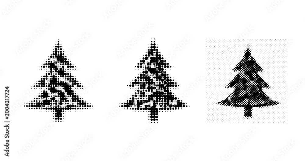 Obraz premium Christmas tree icons displayed in halftone pattern on white background. not ideal dots
