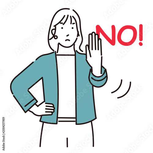 ノー！No!の意思を表示する女性ー手を前に出すーはっきり意思表示をする女性ーベクターイラスト