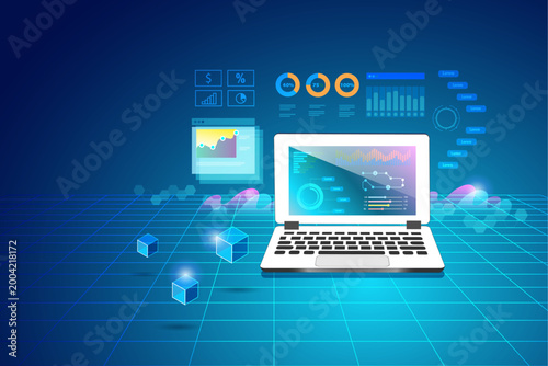 Modern laptop displaying analytics dashboard with futuristic data visualization and digital metrics on glowing grid background