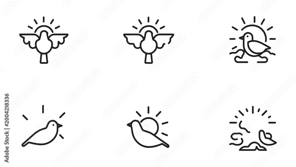 Fototapeta premium Dove Silhouette Set: Collection of minimalist line drawings, each featuring a dove, symbol of peace and renewal, set against a radiant sun in various stylized poses.