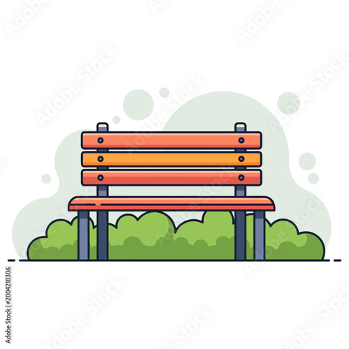 Park bench standing on grassy ground with shrubbery backdrop. non editable strokes