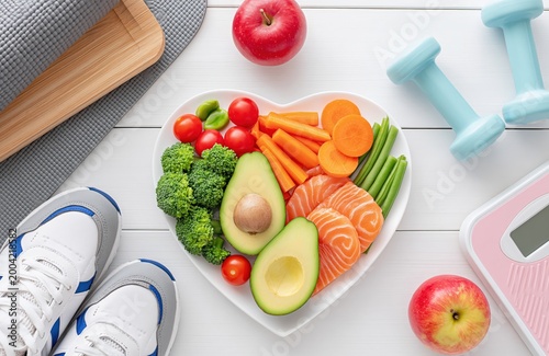Heart-shaped plate with healthy foods like avocado, salmon, broccoli, and veggies, surrounded by fitness gear and apples symbolizing health and wellness.