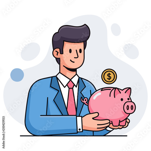 Businessman holding piggy bank symbolizing financial savings. non editable strokes