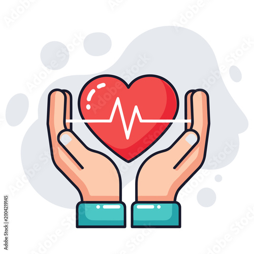 Hands holding heart with heartbeat line on soft background. non editable strokes