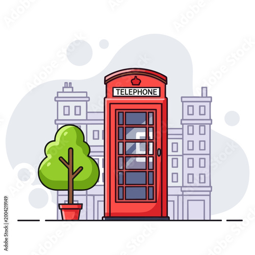 Red telephone booth standing on urban street with buildings. non editable strokes