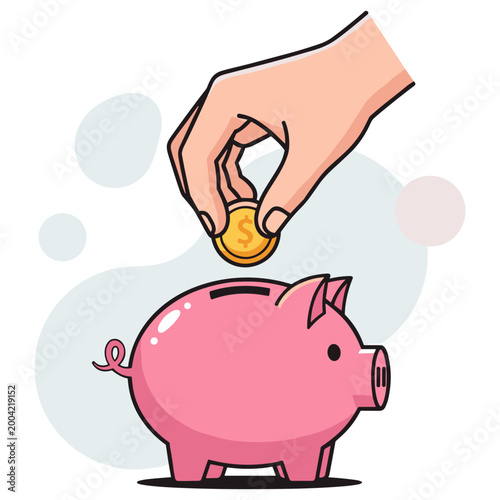 Hand inserting coin into piggy bank on white background. non editable strokes