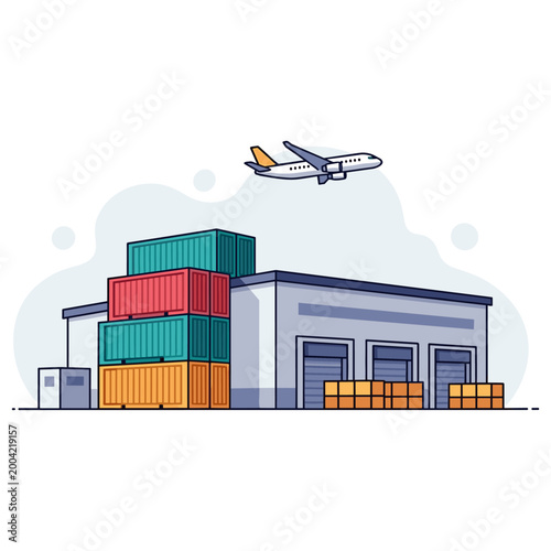 Warehouse storing stacked shipping containers with airplane overhead. non editable strokes