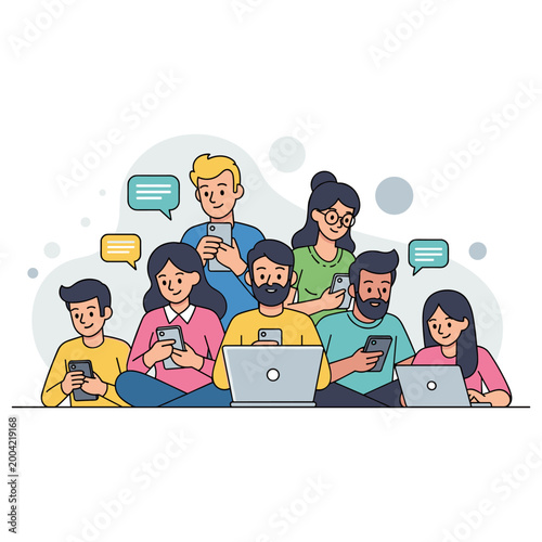 Group of people using devices and laptops together in workspace. non editable strokes