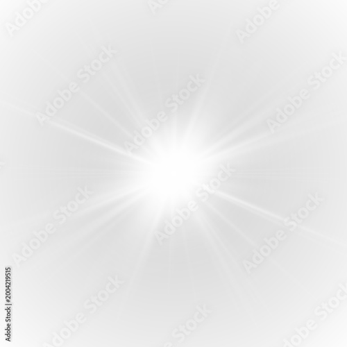 Bright white flare burst shines across transparent background space. Soft glow and spark particles create clean visual depth. PNG vector light overlay.