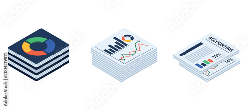 Financial report stacks displaying charts and analytics