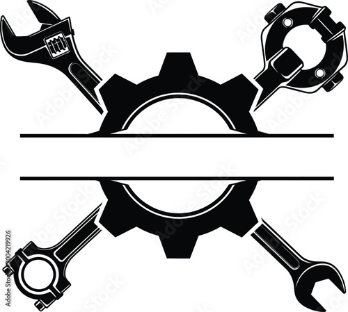 Industrial Mechanic Gear and Wrench Split Monogram Vector Illustration.