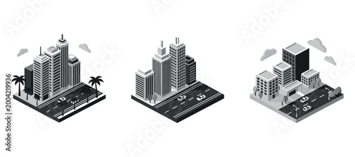 Isometric city blocks with buildings and roads featuring urban traffic
