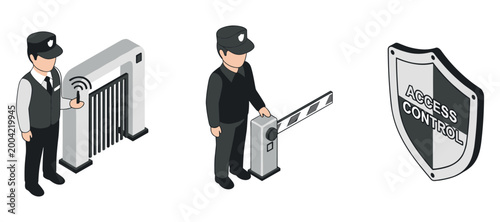 Security guard operating access barrier and controlling entry point