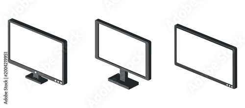Computer monitors shown in three isometric perspectives on white