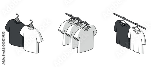 T shirt pairs hanging on hangers on rod in studio