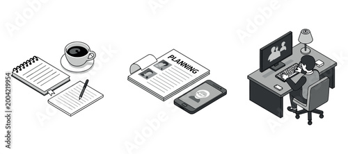Workspace planning elements with notes coffee phone and desk setup