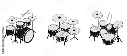 Acoustic drum kits arranged in trio on white background