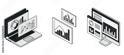 Laptop and display panels presenting analytics charts on screens