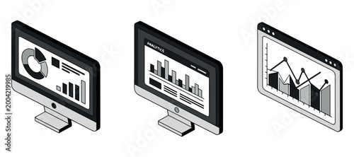 Computer monitors displaying charts and analytics on white background