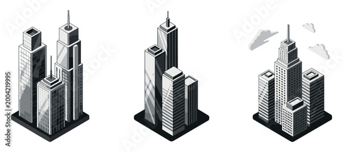 Skyscraper buildings forming urban skyline in isometric blocks
