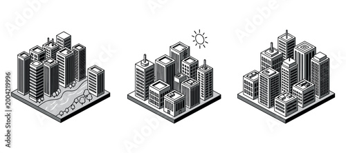 Skyscraper clusters arranged isometrically on white background