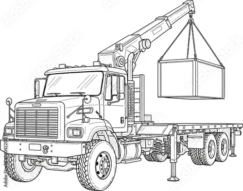 Line art illustration of a heavy duty crane truck lifting a large cargo container.