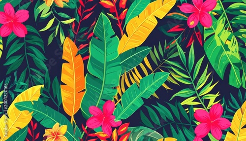 Vibrant Tropical Leaves and Flowers Pattern.