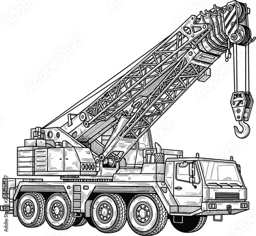Mobile crane truck construction vehicle illustration for coloring book.