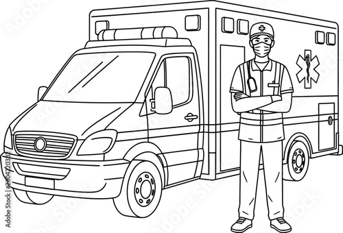 Paramedic standing proudly in front of an ambulance, ready to help.