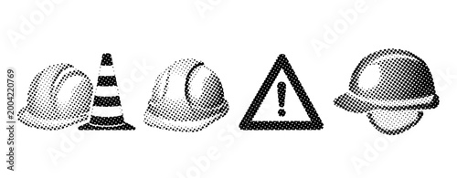 Safety helmets cones and warning sign representing construction gear. not ideal dots