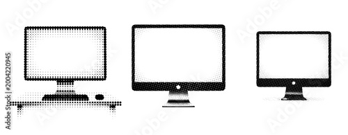 Three computer monitors placed on minimal white surface. not ideal dots