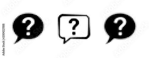 Question mark speech bubbles displayed in three dot halftone styles. not ideal dots