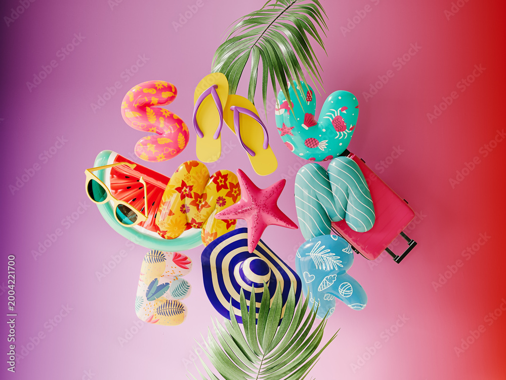 Fototapeta premium Inflatable Summer letters with beach accessories on colorful background. Summer travel concept design. 3D Rendering, 3D Illustration