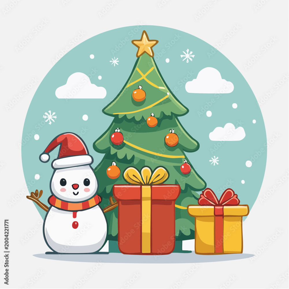 Obraz premium Cute Snowman and Christmas Tree with Gifts