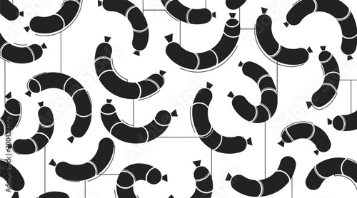 Curved sausage shapes arranged on piping grid over white background, no seamless