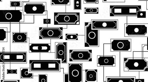 Banknotes arranged in interconnected pattern on white background, no seamless