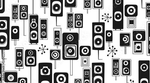 Loudspeakers and audio boxes repeated in retro black and white layout, no seamless