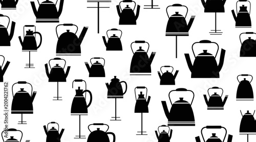 Assorted tea kettles shown in black silhouette pattern on white, no seamless