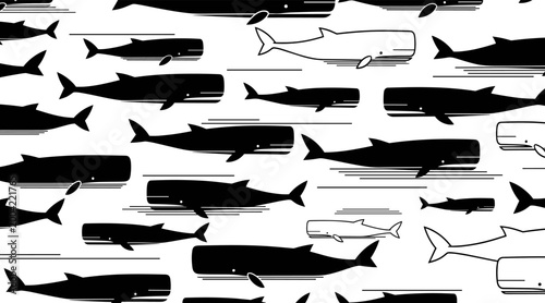 Whale silhouettes swimming in repeating pattern on white background, no seamless