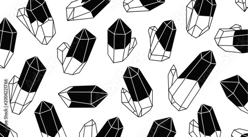 Crystal clusters scattered in repeated pattern on white background, no seamless