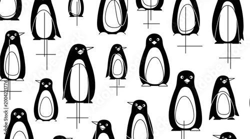 Penguin silhouettes repeating pattern on white background, no seamless