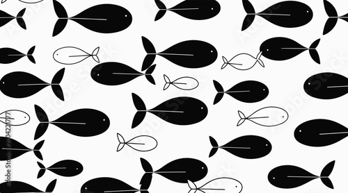 Simplified fish silhouettes swimming across white pattern, no seamless