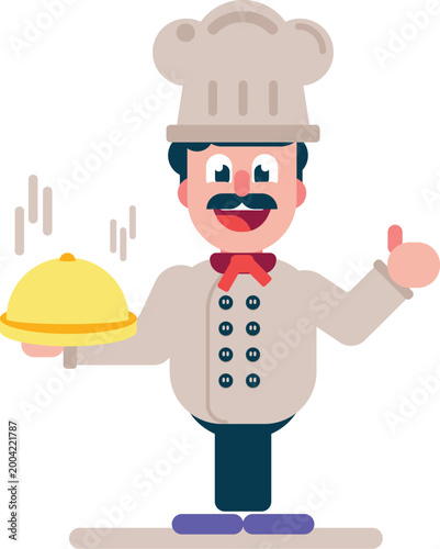 Cartoon Chef Character Vector Illustration, Funny Cook Holding Serving Tray, Professional Baker Mascot Flat Design Clipart