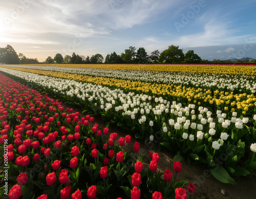Colorful tulip rows of red white and yellow across farm fields.