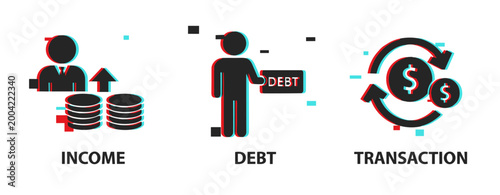 3d effect financial icons: income, debt, and transactions illustrations